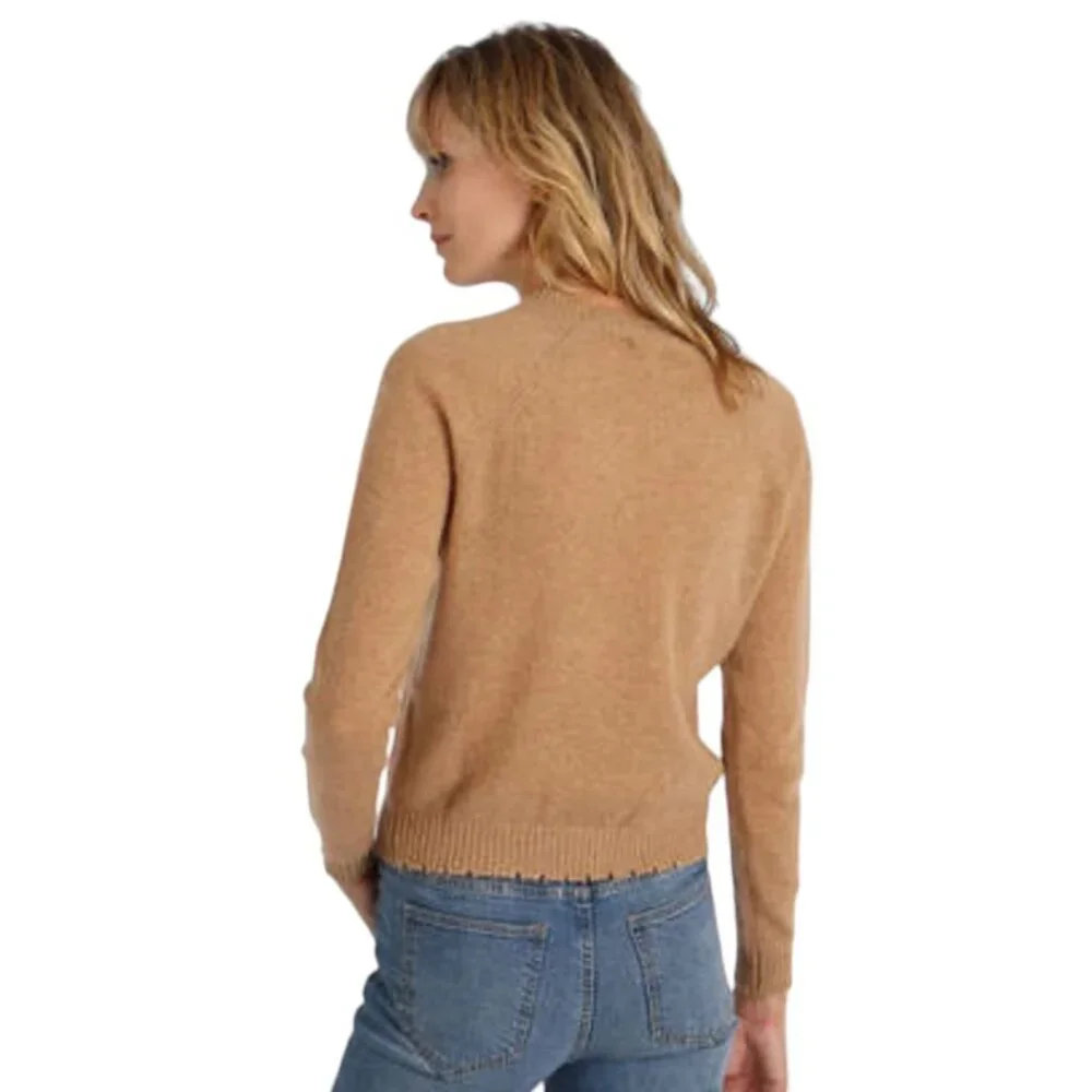 Minnie Rose Cashmere Frayed Edge V-Neck Sweater, Camel S